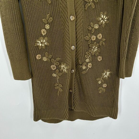SOFT SURROUNDINGS Green Knit Embroidered Beaded Long Cardigan Sweater Medium - Picture 6 of 9